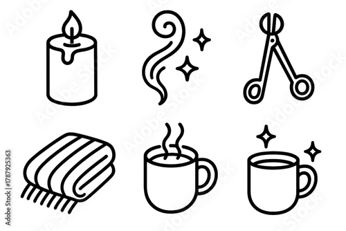 Candlelight Icons Collection. Cozy Candlelight outline icon set: pillar candle, wick trimmer, smoke swirl, wool blanket, mug, sparkles.