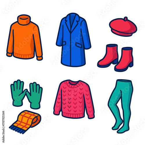 Winter Fashion Icons. Stylish Winter Layers modern flat icon set: turtleneck, overcoat, ankle boots, beret, gloves, plaid scarf, knit sweater, thick tights.