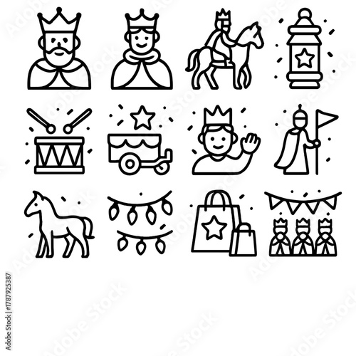 Parade Icon Collection. Cultural Parade of Kings outline icon set: crowns, capes, drums, horses, lanterns, parade float, confetti, children waving, star emblem, banner flag, gift