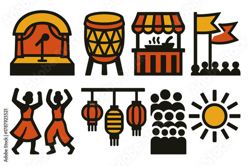 Festival Icon Set. Cultural Festival Scene bold vector icon set: stage, drum, food stall, flags, dancers, lanterns, crowd, sunshine.