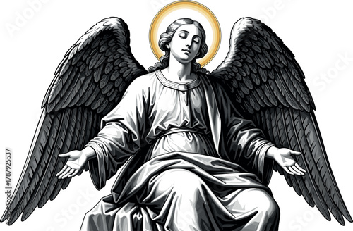 Grayscale Angel Illustration – Serene Figure with Wings, Halo, and Flowing Robes