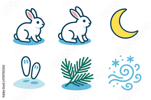 Winter Rabbit Icons. Winter Woodland Rabbits modern flat icon set: two rabbits, snow trail, moon, pine needles, soft flakes, frost swirl.
