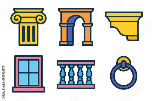 Isometric Architecture Icons. Architectural Details modern flat icon set: column capital, archway, cornice, window frame, balustrade, door knocker.