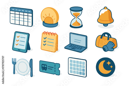 Minimalist Productivity Icons. Minimalist winter productivity planner modern flat icon set: weekly agenda board, sunrise alarm clock, focus hour sand timer, meeting reminder bell