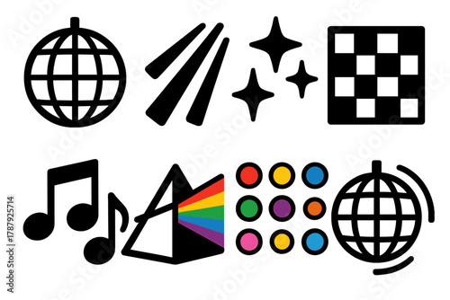 Disco Ball Icons. Disco Ball Reflections bold vector icon set: mirrored disco ball, light beams, star sparkles, dance floor, music notes, prism glow, colorful dots, spinning motion