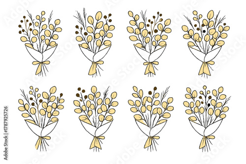 Elegant Floral Bouquet. Floral Accent outline icon set: berry sprigs with eucalyptus, neutral bouquet, kraft paper wrap, delicate tie, dried grass, muted background, soft light,