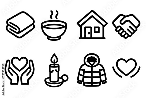 Holiday Shelter Icons. Holiday Shelter Support outline icon set: blanket fold, soup bowl, shelter building, supportive handshake, heart in hands, festive candle, warm clothing,