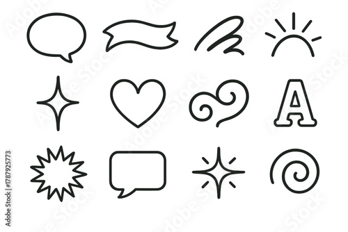 Creative Icon Symphony. Playful Letter Art outline icon set: word bubble, ribbon flourish, brush script, curved text, sparkle beam, gradient fill, heart, swirl, outline font, color