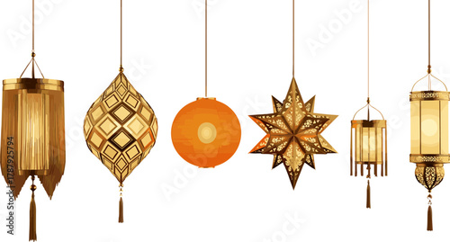 Hanging lanterns, festive lights, cultural celebration, Ramadan decor, Diwali illumination, Chinese New Year lanterns, glowing patterns, traditional design, ornate shapes, decorative lighting