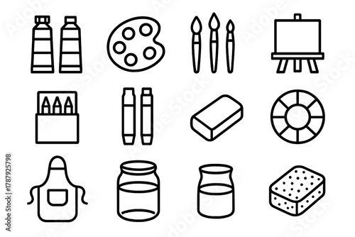 Art Supplies Icons. Art Supplies outline icon set: paint tubes, palette, brushes, easel, canvas, pencil box, markers, eraser, color wheel, apron, water jar, sponge.