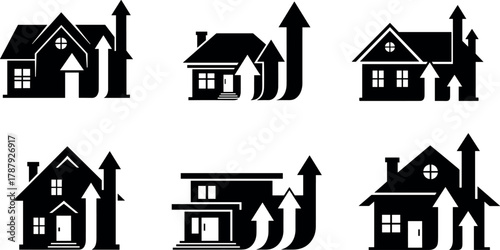 House growth icons, real estate value increase, property investment vector, black and white illustration, upward arrow design, housing market trend concept