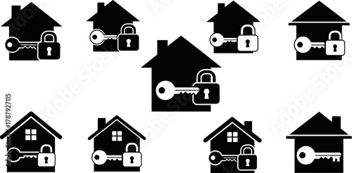 "Home Security Icons – Padlock and Key Symbol Integrated into House Designs"