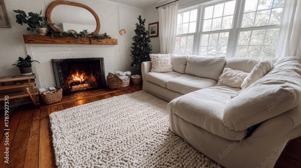 Naklejka premium This serene living room features a plush white sectional couch and a glowing fireplace. A soft knit rug covers the wooden floor, enhancing the cozy atmosphere of the space