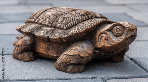 Fototapeta Naklejka Na Ścianę i Meble -  Detailed wooden turtle sculpture on grey pavement Handcrafted and weathered Close up with empty space