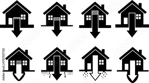 House subsidence icon set, cartoon sinking home illustration, structural damage and ground failure concept, vector geology and architecture graphic, black and white design