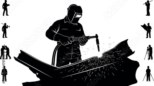 Industrial worker welding silhouette, metal cutting illustration, construction labor vector, black and white design, sparks flying, skilled trades concept, safety gear icon
