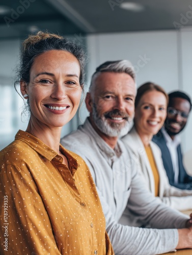 portrait of a smiling group of diverse corporate colleagues standing in a row together at a table in a bright modern office no logos no brands ar 34