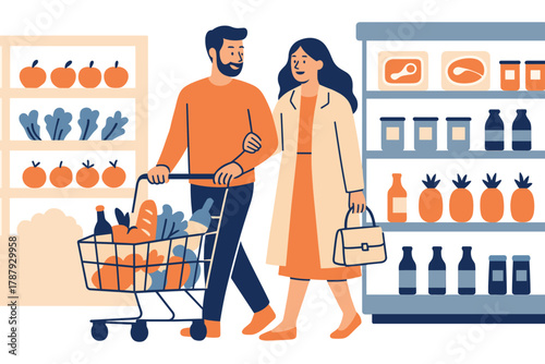 PrintCouple shopping together in supermarket with grocery cart full of food and drinks, flat vector illustration