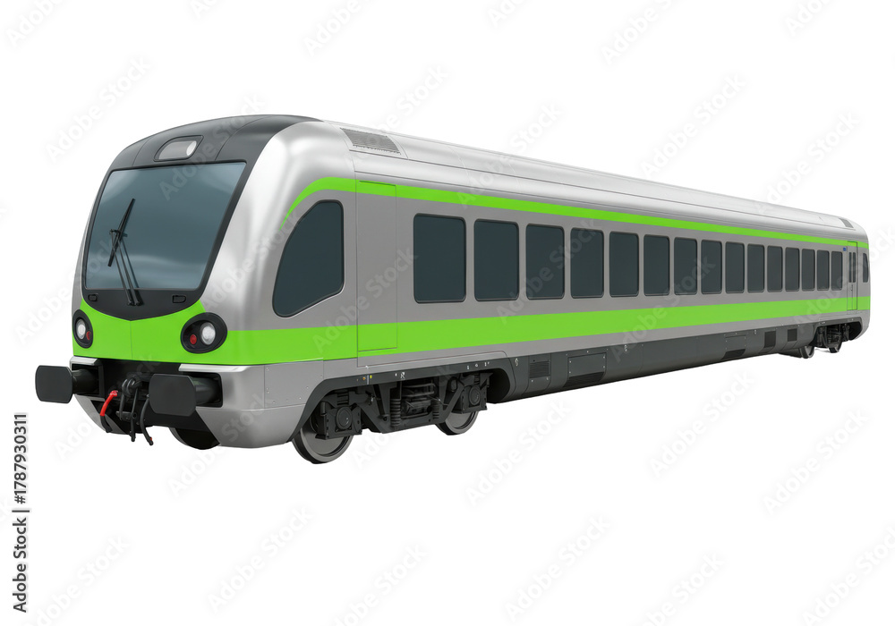 Fototapeta premium Isolated modern electric train car with green stripe for passenger transportation service