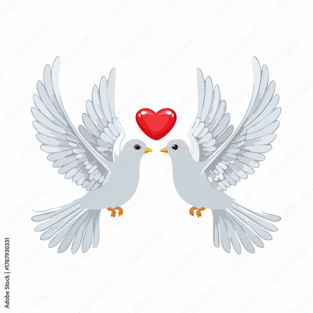 Fototapeta premium Two Doves of Love: Two graceful doves, with outspread wings, symbolise everlasting love, tender affection, with a heart hovering between them.