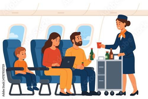 Flight attendant serving drinks to passengers during flight flat vector illustration