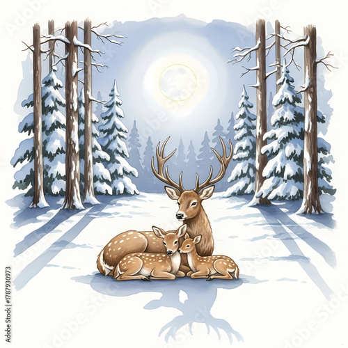 Deer family resting together in snowy forest under full moon