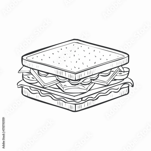 Black and white illustration of a stacked sandwich with various ingredients