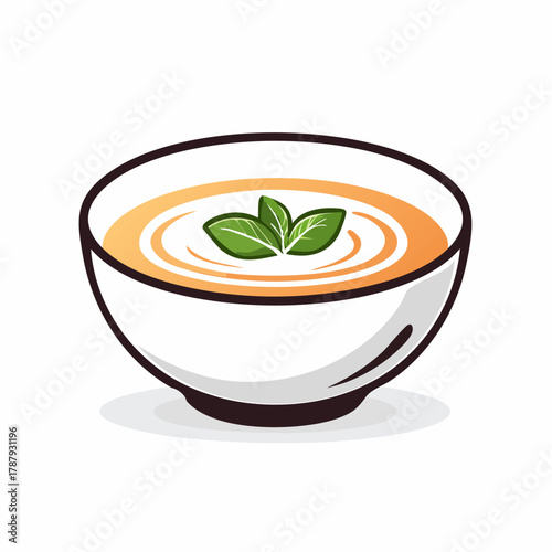 Bowl of creamy soup with basil leaves vector illustration