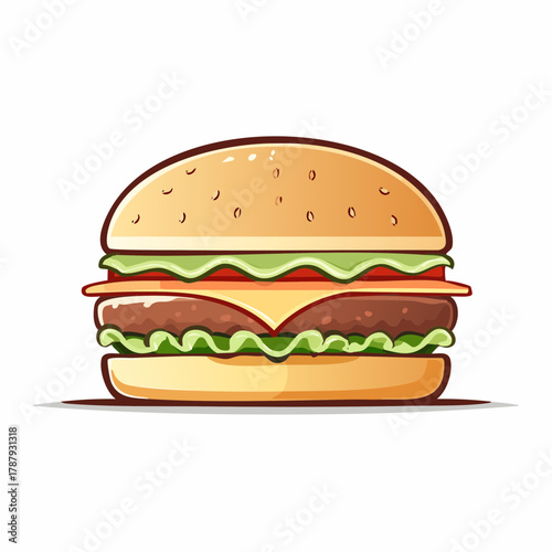 Delicious cartoon burger with cheese and salad isolated on white background