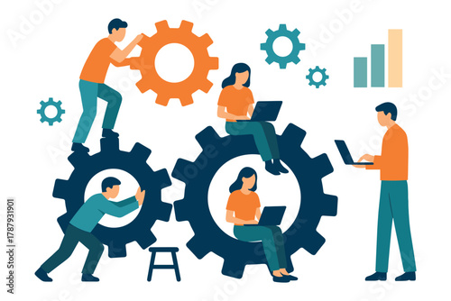 Group of people working together with gears and laptops showing teamwork and process management, flat vector illustration