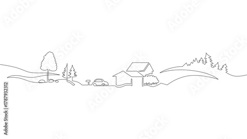 Rural landscape continuous one line vector drawing. Hills, houses, car trip hand drawn silhouette. Country nature panoramic sketch. Village minimalistic contour illustration. Isolated design element