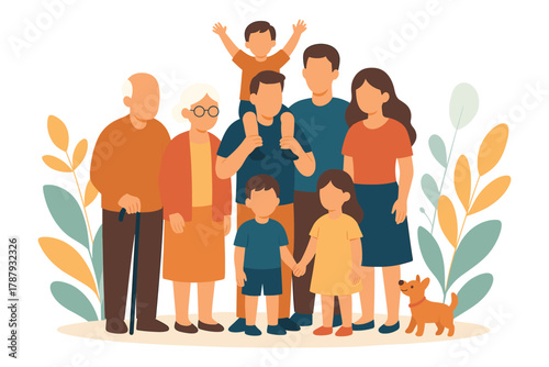 Happy big family with grandparents parents and children standing together and smiling outdoors, flat vector illustration