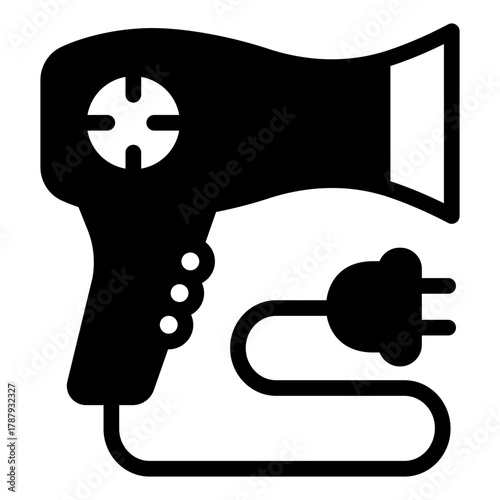 Hair dryer with wire plug solid icon, hair care concept. Vector graphics. Electric dryer with buttons and cord, hot air sign on white background, style icon mobile or web design.