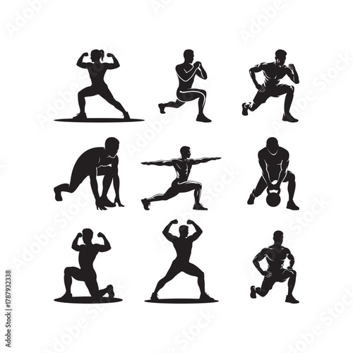 Black Fitness Training Pose Silhouette Vector..