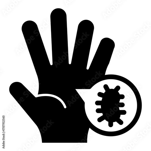 Hand and bubble with bacteria solid icon, body hygiene concept. Vector graphics. Bug popup and hand, washing hands sign on white background, style icon mobile or web design.