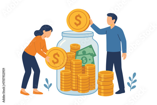 Man and woman saving money by putting coins and cash into big glass jar for financial growth, flat vector illustration