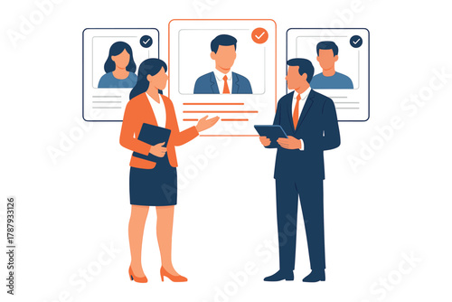 Human resource managers discussing candidate profiles and recruitment process flat vector illustration