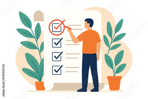 Man checking checklist with big paper document and marks showing completed tasks, flat vector illustration