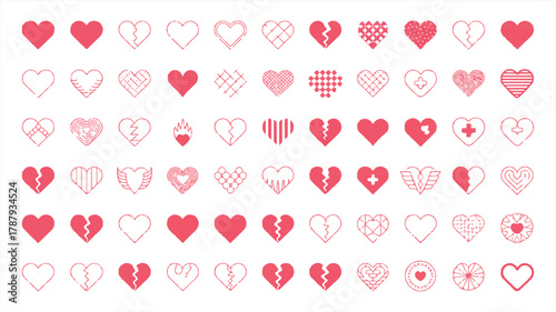 Assortment of pink heart icons, each with a unique design, pattern, or symbol, creating a diverse collection of love symbols