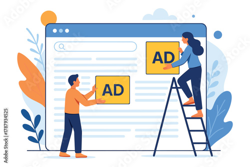People creating online advertisement layout on web page with digital marketing concept showing teamwork, business promotion and website design flat vector illustration