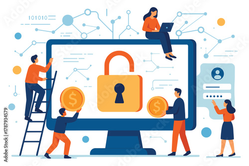 People securing online financial data with large computer screen and open padlock symbol flat vector illustration
