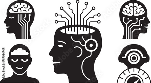 Brain circuitry and technology merging in human heads silhouette vector graphic