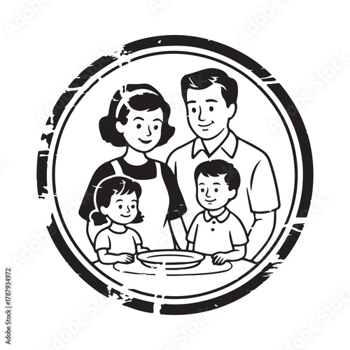 Vintage style family mealtime illustration inside a distressed circle