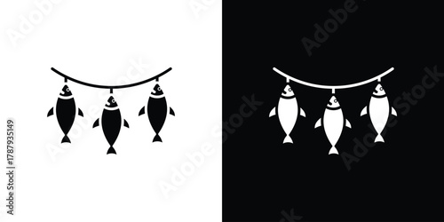 Dried fish icon in solid silhouette set. Vector Illustration.