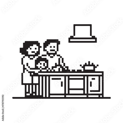 Pixel art family cooking together in the kitchen