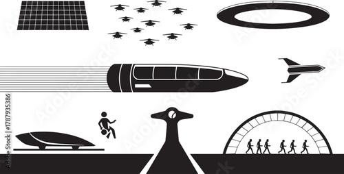 Future transportation concept including flying object car train station and plane