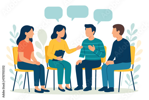 Support group meeting concept with diverse people sitting and talking, sharing thoughts and emotions with counselor during therapy session, communication and teamwork, flat vector illustration