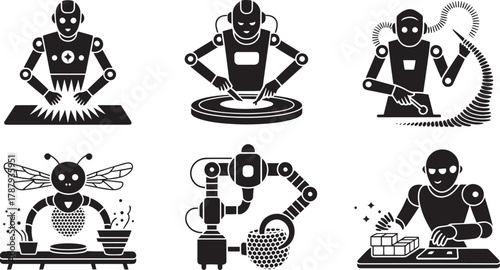 Robots in retro style doing different jobs like robot dj or circuit maintainer