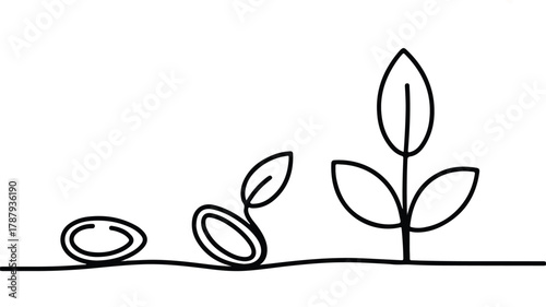 Single line art illustration depicting plant growth stages from seed to sprout to plant, symbolizing natural progression
