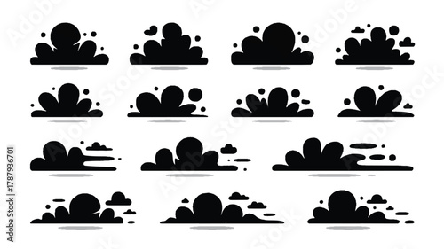 Silhouette clouds collection showcases twelve distinct cloud formations, each rendered as a solid black shape against a white backdrop